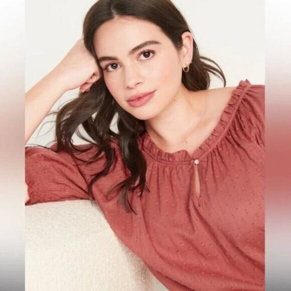 Old Navy clip-dot Top Women's Size 2X Smocked Sleeve Button Front Pullover Light - Picture 3 of 4